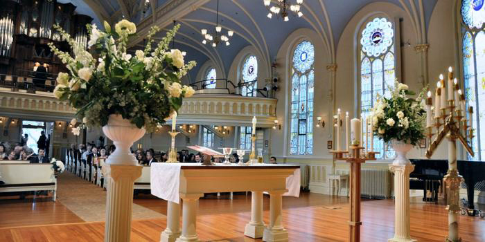 Wedding setting in chancel of St Marks Lutheran Church, San Francisco, CA