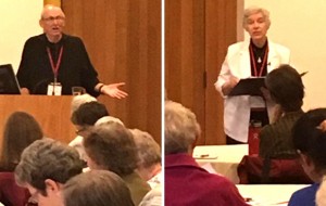 John Klassen, OSB (left) and Michaela Hedican, OSB speaking before the entire assembly at Monastic Institute.
